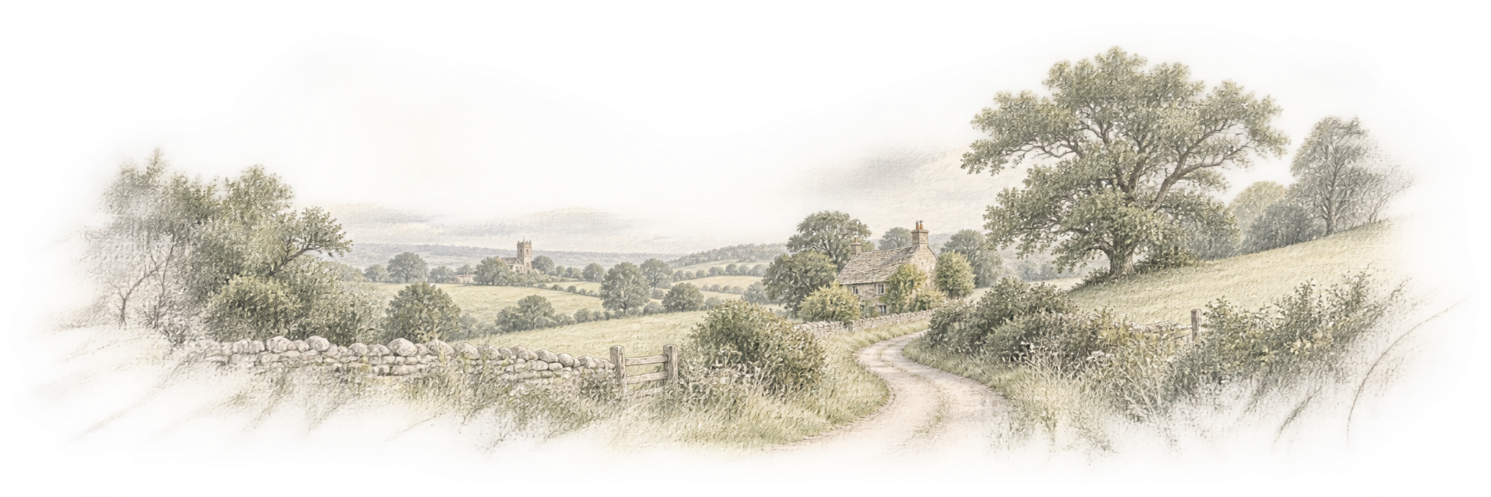 Graphite and ink study of a winding British country lane, stone cottage, hedgerows and mature trees