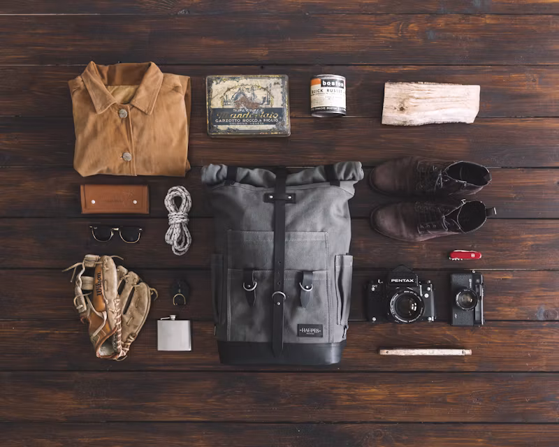 Backpack, boots, jacket and camera laid out on a map