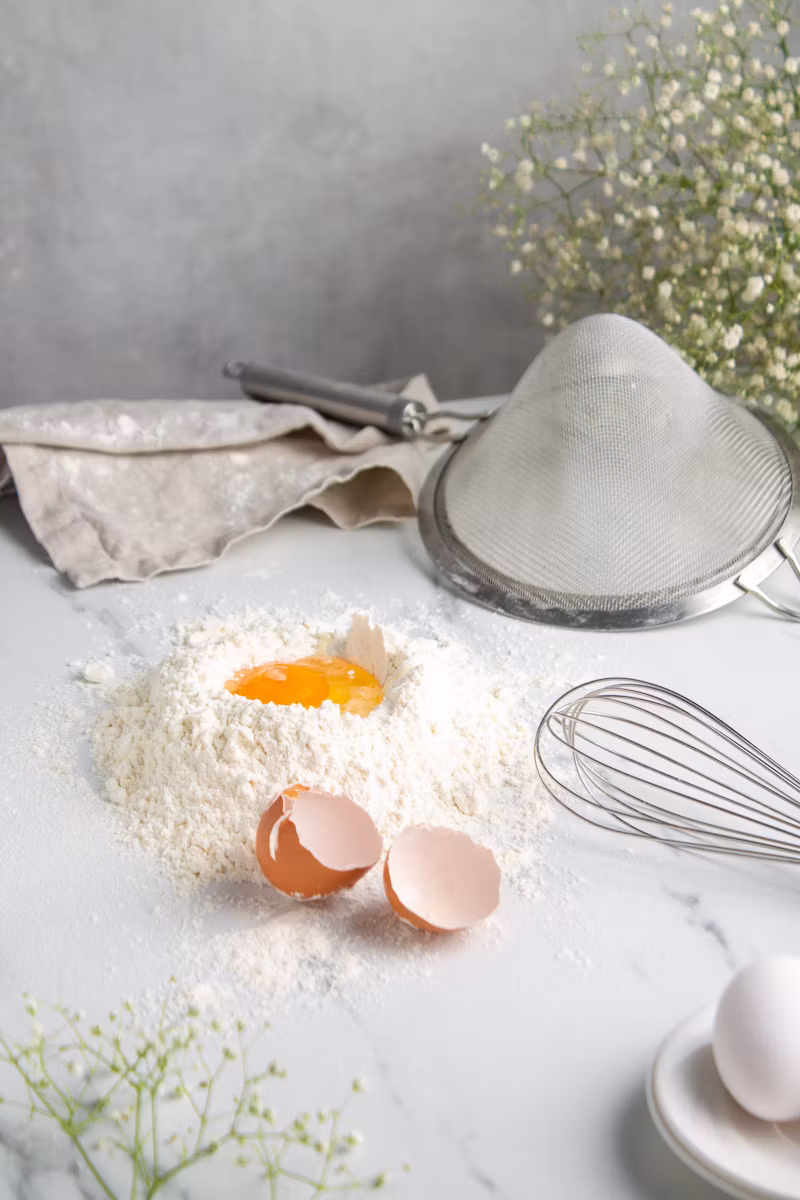 Mixing bowl, whisk, eggs and flour prepared for baking