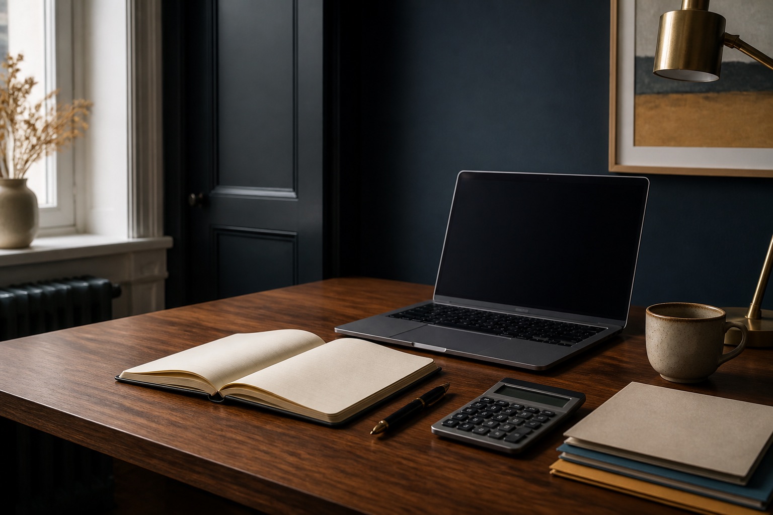 Notebook, laptop and calculator arranged on a walnut desk