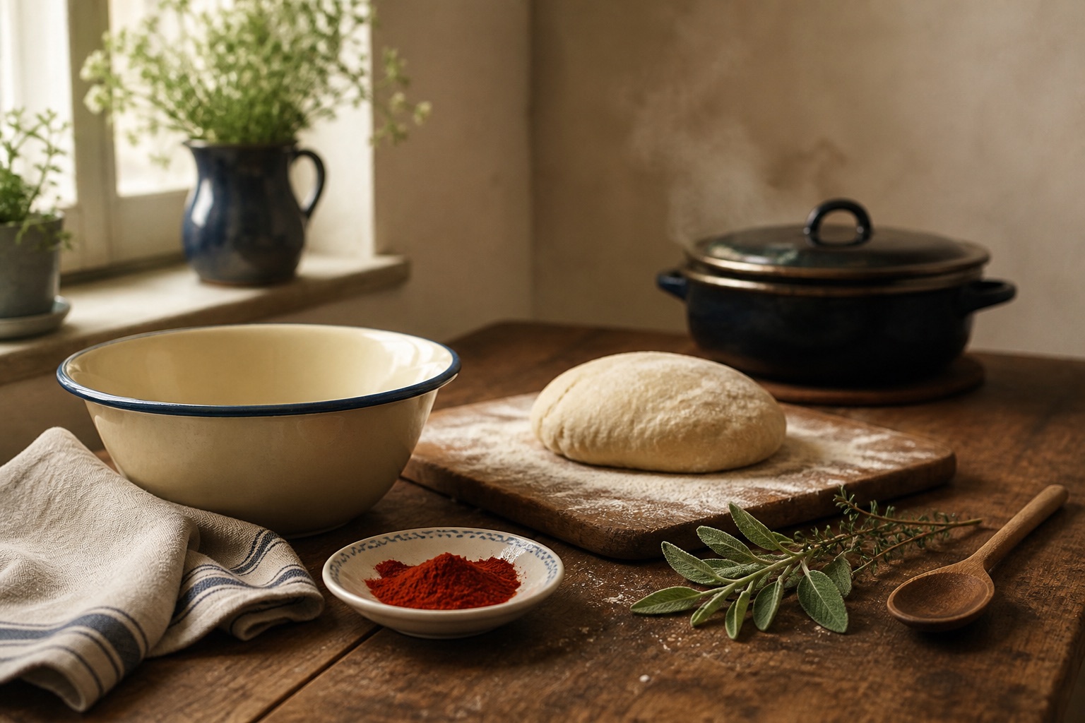 Dough, paprika and fresh herbs on a warm wooden kitchen table