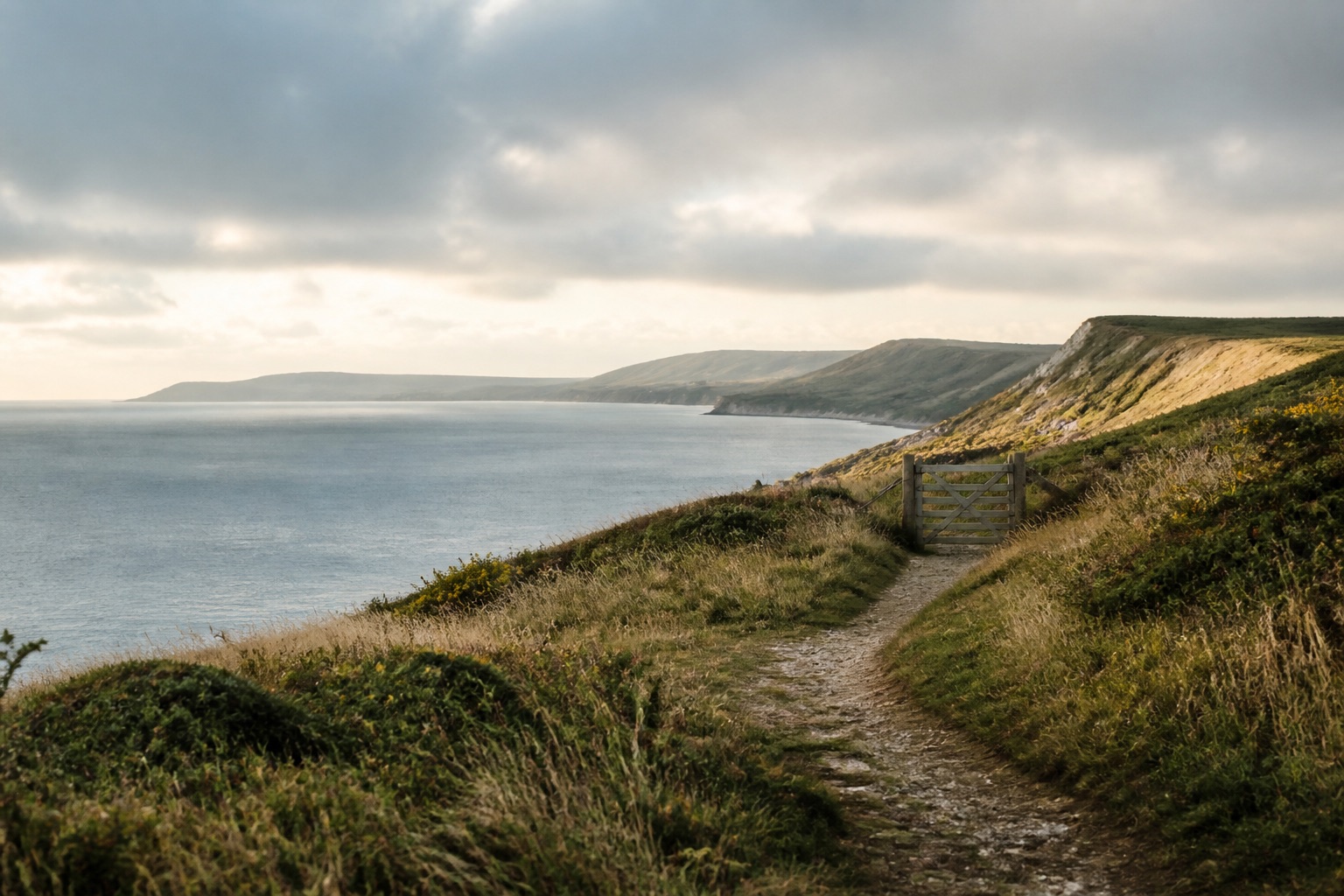 Coastal walking path through grasses leading to a wooden gate