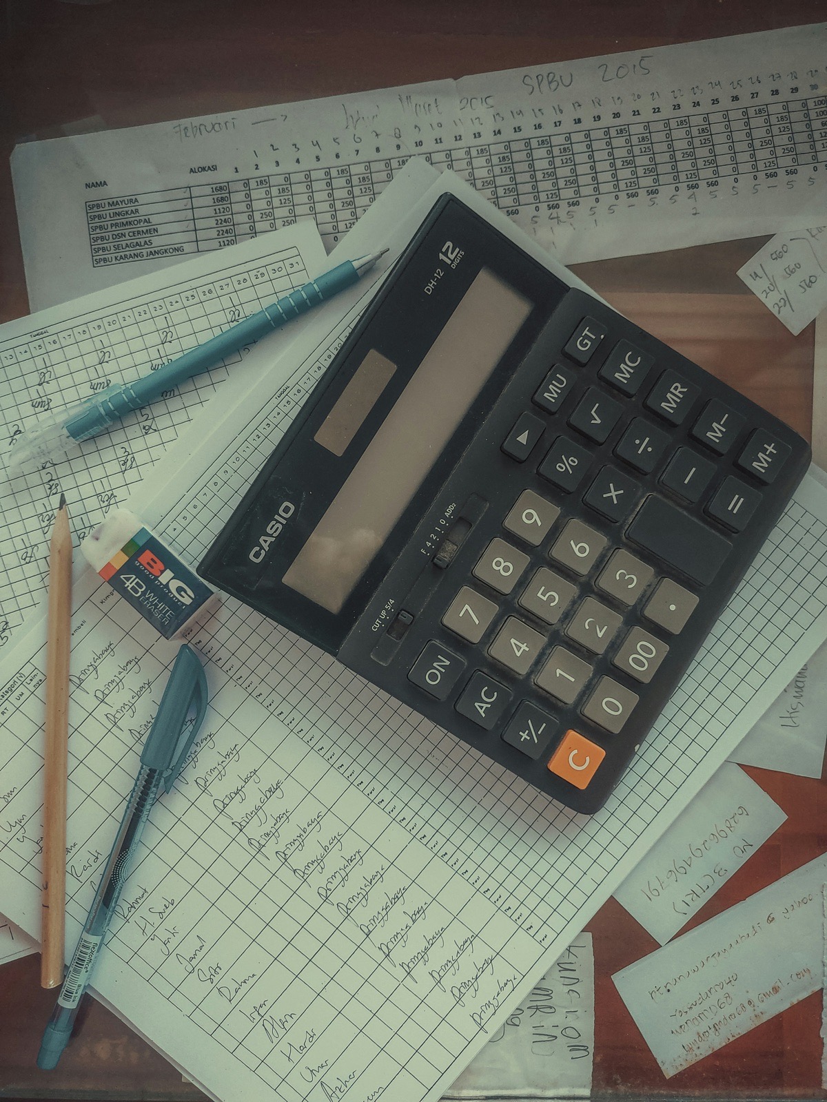Calculator on working papers.