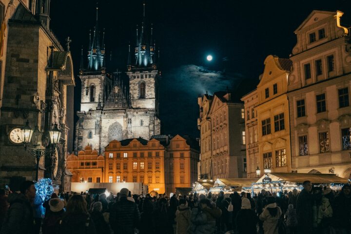 Prague Old Town Square Christmas market illuminated at night